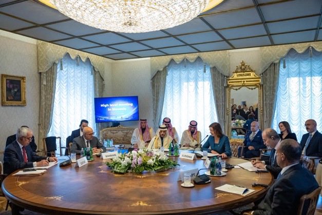 #Ljubljana | Foreign Minister HH Prince <a href="/FaisalbinFarhan/">فيصل بن فرحان</a>, Jordan's Deputy Prime Minister and Minister of Foreign Affairs and Expatriates Ayman Safadi, Egyptian Foreign Minister Dr. Badr Abdelatty, Bahraini Foreign Minister Dr. Abdullatif Alzayani, and Qatari Minister of State for