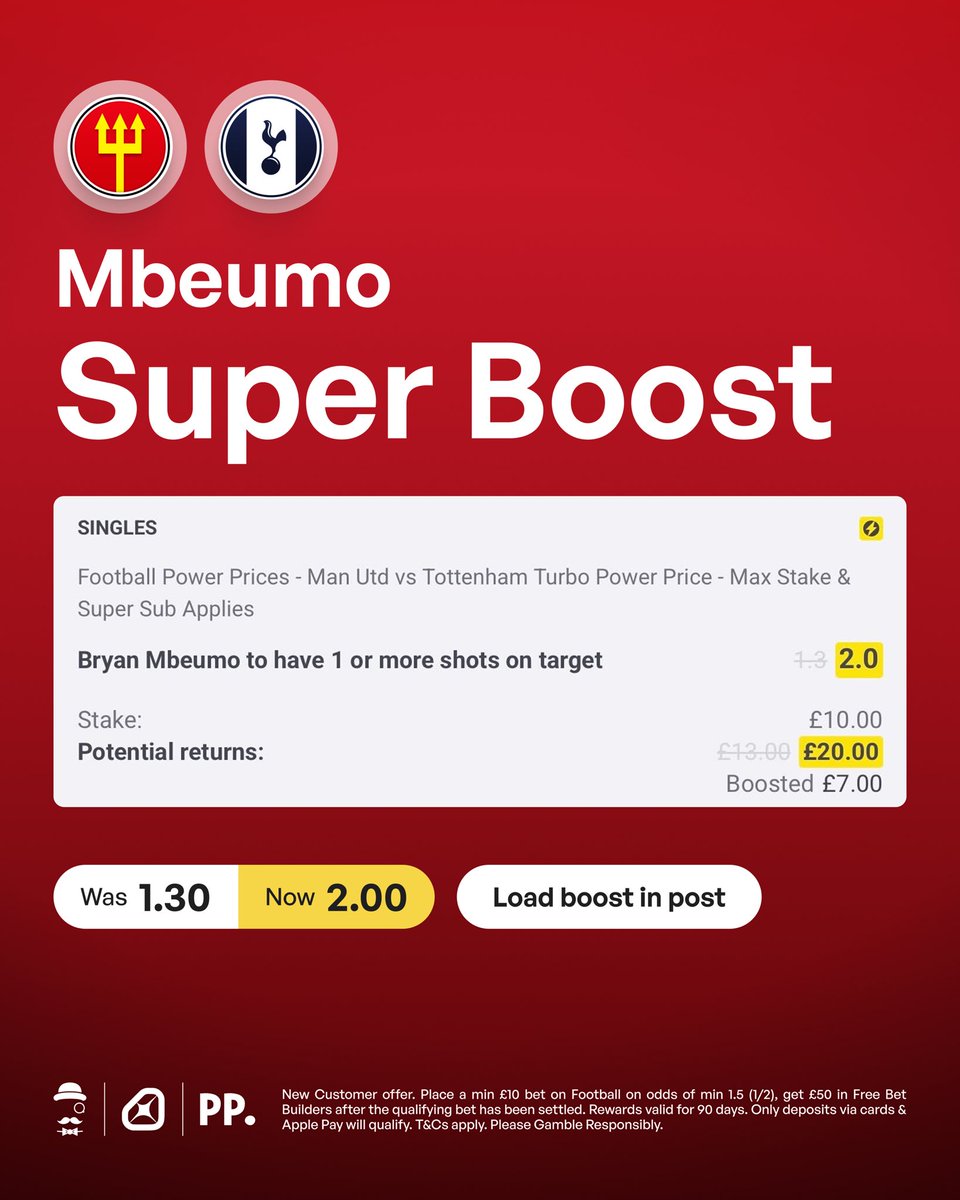 I’m definitely backing this Super Boost for Man Utd v Spurs.

⚡️ Mbeumo shot on target, 1.3 to EVS.

Load bet: bit.ly/Mbeumo-BOOST-

New Paddy Power customers will get £50 in Free Bets by staking £10 on this bet.

Join here: bit.ly/Claim-50-FreeB…

18+, T&amp;C Apply. Ad.