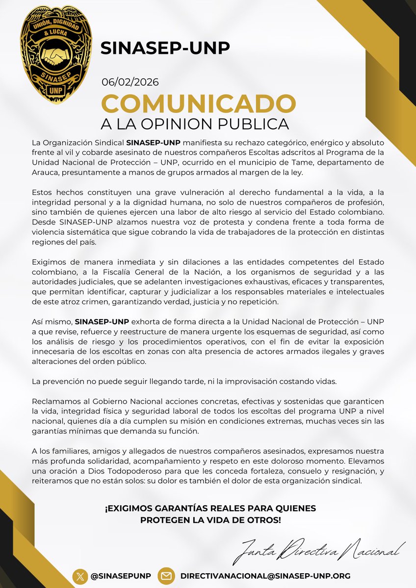 @SINASEPUNP rechaza el asesinato de nuestros compañeros escoltas UNP en Tame, Arauca.
Exigimos a <a href="/UNPColombia/">Unidad Nacional de Protección, UNP.</a>, <a href="/FiscaliaCol/">Fiscalía Colombia</a> y al <a href="/infopresidencia/">Presidencia Colombia 🇨🇴</a> <a href="/DefensoriaCol/">Defensoría del Pueblo</a> garantías reales y justicia inmediata.
¡La vida del escolta no es desechable!
#NiUnEscoltaMás #ProtejanAlEscolta