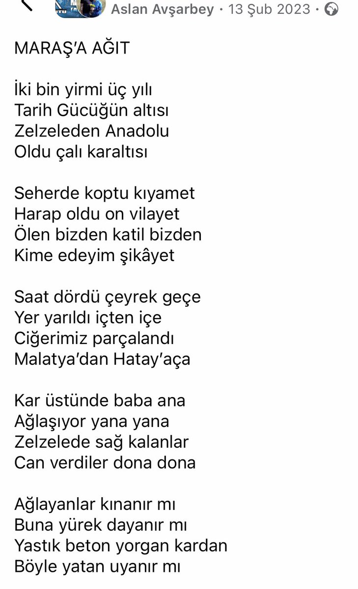 aslanavsarbey's tweet photo. #6subat2023 tarihinde #deprem sebebiyle kaybettiklerimize rahmetle 🤲🤲🤲

MARAŞ’A AĞIT

Şiir: Aslan AVŞARBEY (Mülkî)

#KahramanmaraşDepremi https://t.co/lbKsHmHJPi