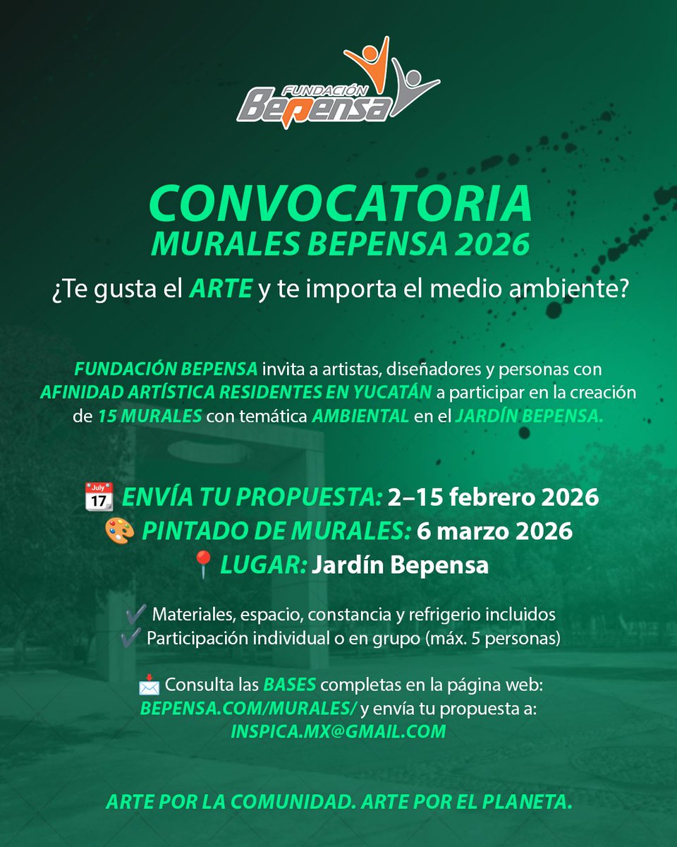 Si tienes afinidad artística y vives en Yucatán, este espacio es para ti. 🎨🌱 Fundación Bepensa abre la convocatoria Murales Bepensa 2026 para crear obras con temática ambiental que inspiren conciencia y comunidad en el Jardín Bepensa.
#FundaciónBepensa #ArtePorElPlaneta