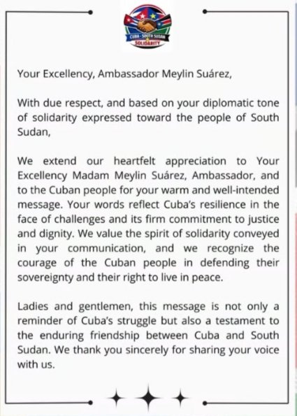 Ante la arremetida y  recrudecimiento de la política EE.UU contra nuestro país, agradecemos las muestras de solidaridad de nuestros hermanos médicos sursudaneses🇸🇸 graduados en Cuba. 
Cuando hay pocos hombres sin decoro, hay otros que cargan el decoro de muchos.

#CubaNoEstáSola