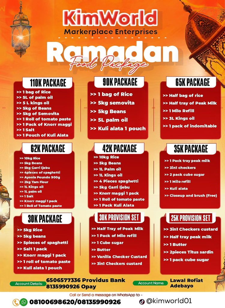 KimWorld_01's tweet photo. Finally our Ramadan package flyer is out 💃💃 or you think it’s too late to place an order No cos offer is still on till last day of Ramadan, so what are we waiting for let know ur preferred option✅✅
Order via link below 
https://t.co/kxSQmQsIYb https://t.co/lDw1VBuGkM