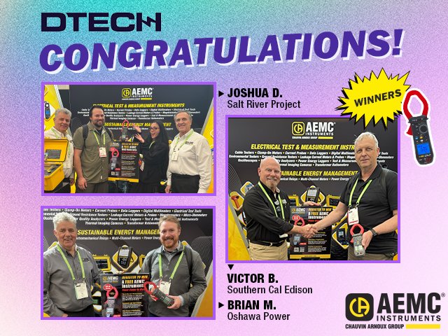 🎉 Congrats to the #AEMCInstruments winners @DTECH2026. 

#AEMC Clamp-on Meters Model 606 winners are..
🏆 @Joshua – Salt River Project
🏆 @Victor – Southern Cal Edison
🏆 @Brian – Oshawa Power
Thanks to everyone who visited our booth!
#AEMCInstruments #ChauvinArnoux #DTECH2026