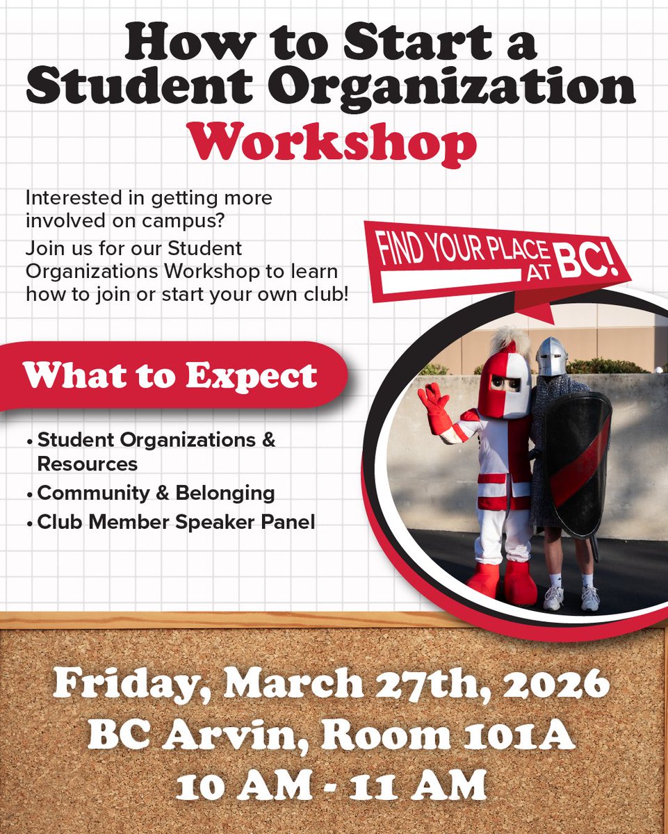 UPDATED: We added 3 new times &amp; locations! 🎉
Thinking about starting or joining a student organization? Our workshop covers resources, leadership, and building community at BC. Swipe to see when &amp; where!
#StudentLife #StudentOrganizations #CampusClubs #BC