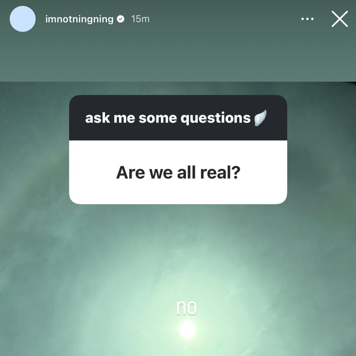 wntrult's tweet photo. aespa NINGNING via her Instagram Story:

Q: Are we all real?
NN: no

Q: are u single?
NN: yes

Q: do u have discord?
NN: 🌚

Q: does my ex still love me
NN: *insert picture* https://t.co/F21VYW7BXt