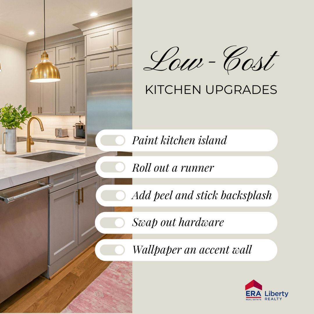 era_liberty's tweet image. Looking to refresh your kitchen without the big renovation bill? 
🎨 Paint the Kitchen Island
🧼 Roll Out a Runner 
🧩 Peel-and-Stick Backsplash
🔧 Swap Out Hardware
🌿 Wallpaper an Accent Wall
#ERALibertyRealty #homemakeover #homeimprovement