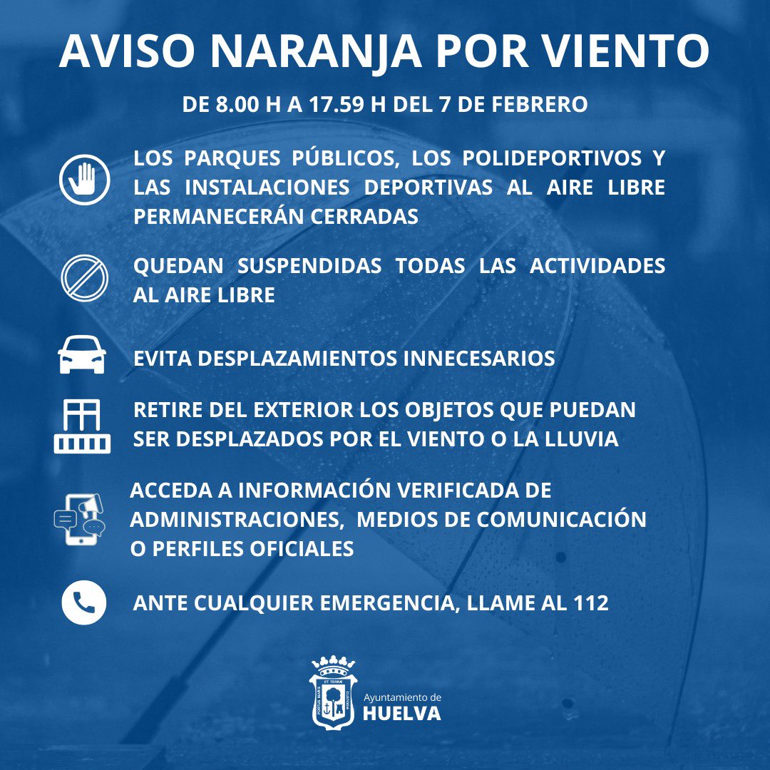 AytoHuelva's tweet photo. 🟠🌧️AVISO NARANJA | Huelva permanece en aviso naranja por viento de 8:00 a 17:59 horas y aviso amarillo por lluvia de 6:00 a 23:59 horas este 7 de febrero.

🚨 Mañana a las 8:00 horas procederemos a activar el Plan de Emergencia Municipal y un dispositivo especial. https://t.co/PWCq4wokME