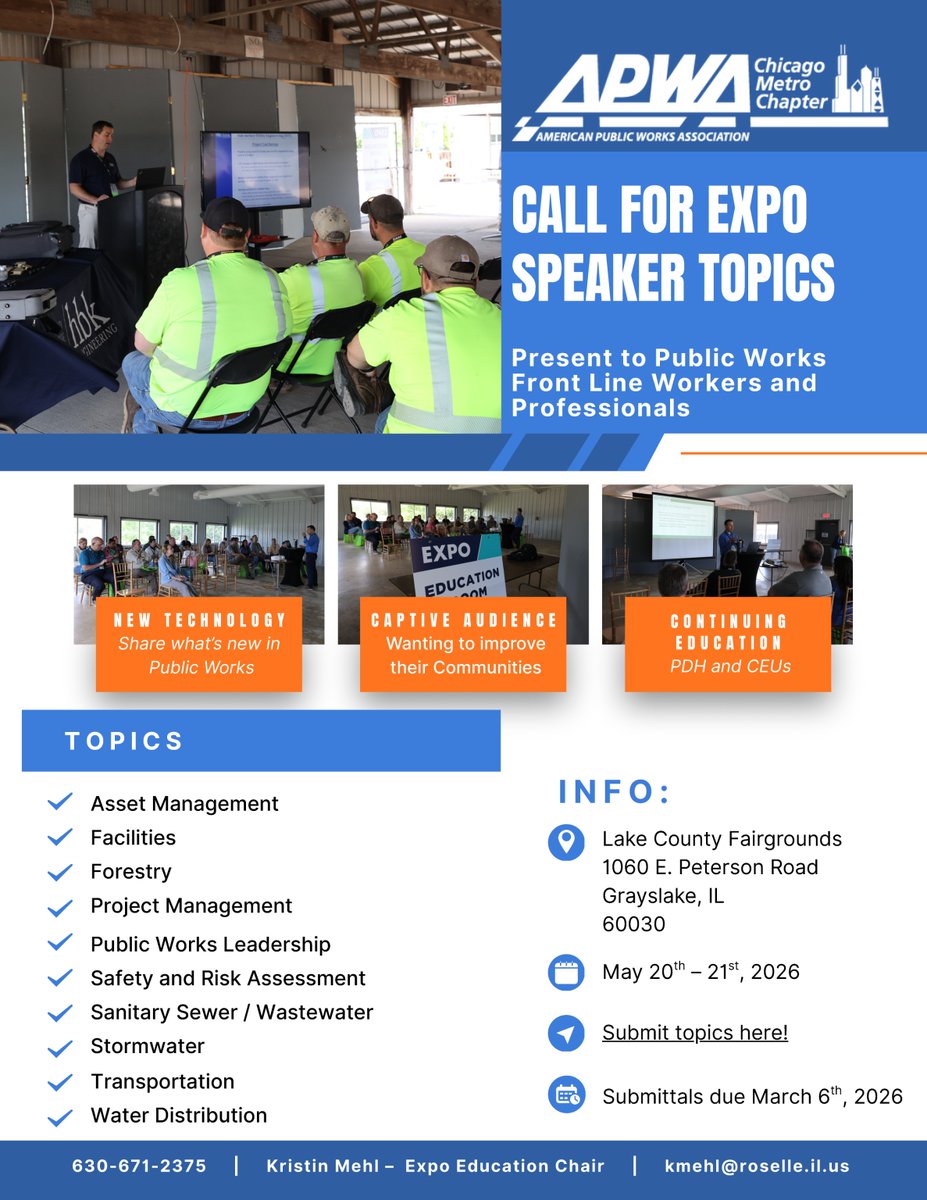 🚨 Experts, it's time! 🚨 Submit your topic ideas for the 2026 APWA Expo 🎉 at Lake County Fairgrounds on May 20-21 by March 6! 🙌👇 #APWAExpo2026 #PublicWorksProfessionals ow.ly/GxK150YarlK