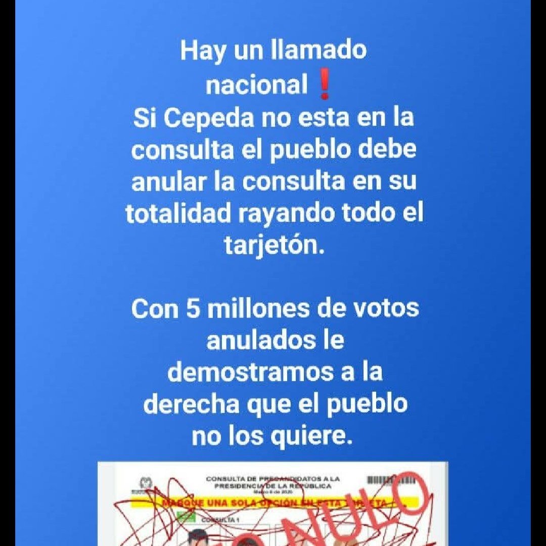 Ante la arbitrariedad del corroído, indigno y profundamente PODRIDO <a href="/CNE_COLOMBIA/">CNE Colombia</a> la respuesta dbe de ser MASIVA. Nos robaron la consulta y nosotros LES IMPONDREMOS VOTO NULO más histórico para decirle a los Corruptos de siempre que NO VOLVERAN NUNCA MAS🔥🇨🇴💪🏻

#NuevaFotoDePerfil