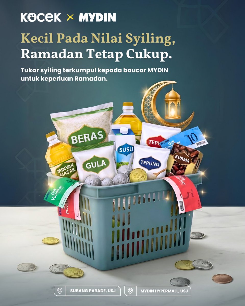 OfficialKocek's tweet photo. Kecil Pada Nilai Syiling, Ramadan Tetap Cukup.

Syiling yang dikumpul sedikit demi sedikit boleh membantu mencukupkan keperluan Ramadan.

Tukar syiling terkumpul kepada baucar MYDIN dan gunakan untuk belanja dapur sepanjang Ramadan ini.

#KOCEKxMYDIN #Ramadan2026 #SyilingkeBaucar https://t.co/6EWxD8rSjE