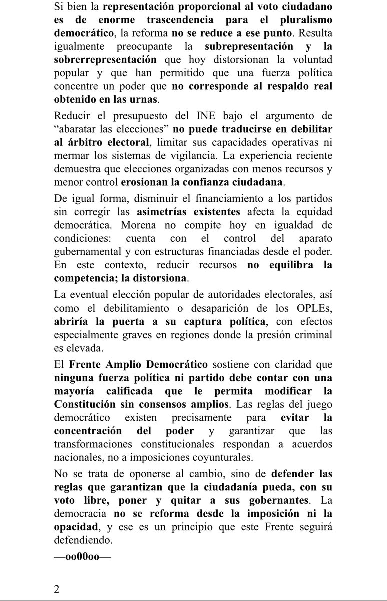 🔴El Frente Amplio Democrático advierte que la discusión sobre la Reforma Electoral va mucho más allá de los plurinominales y representa una amenaza integral a la democracia. Alerta sobre riesgos para la autonomía del INE, del Tribunal Electoral, de los OPLEs y para la equidad en