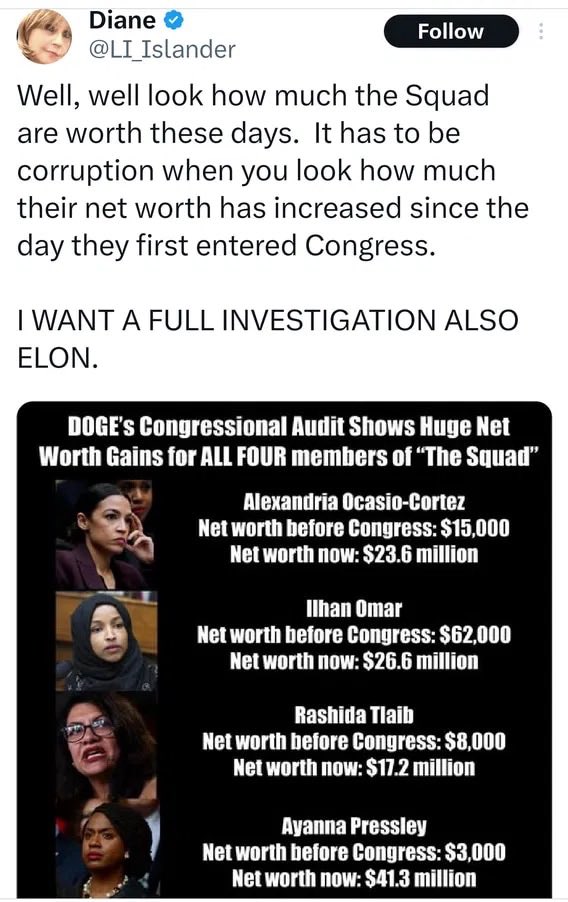 <a href="/RealJamesWoods/">James Woods</a> <a href="/JayneJo52885001/">🍊JayneJo</a> It’s just not Pressley but the entire “squad”. The amount of money that these people have accumulated as public servants is astounding and it is a red flag we all should be furious about.