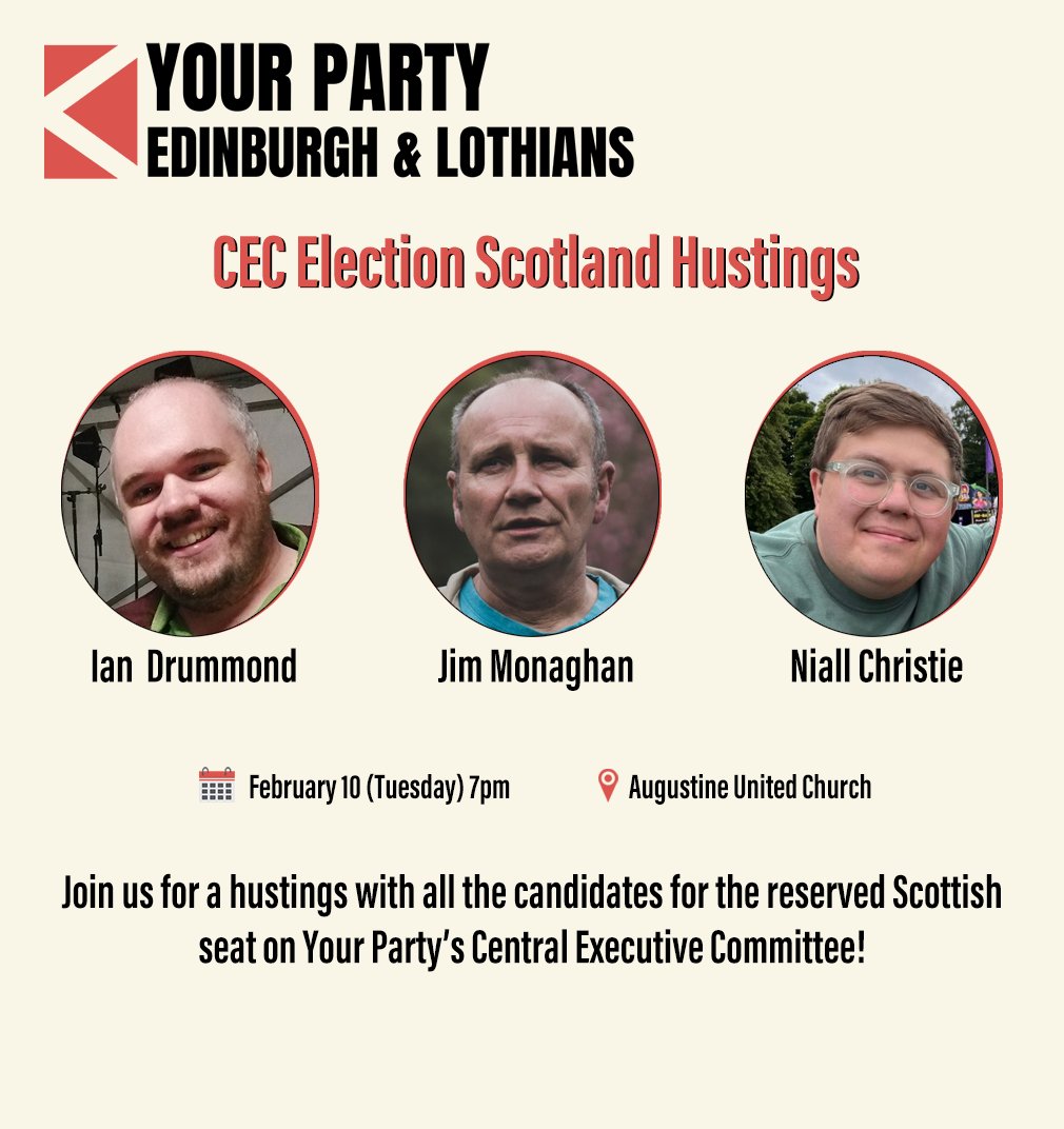 Join us on February 10 for an important hustings!

Candidates to the CEC Scottish seat, Niall Christie and Ian Drummond, will set out their vision for Your Party. We’re happy to confirm that Jim Monaghan will be joining too.

Come along to ask questions and hear their platforms!