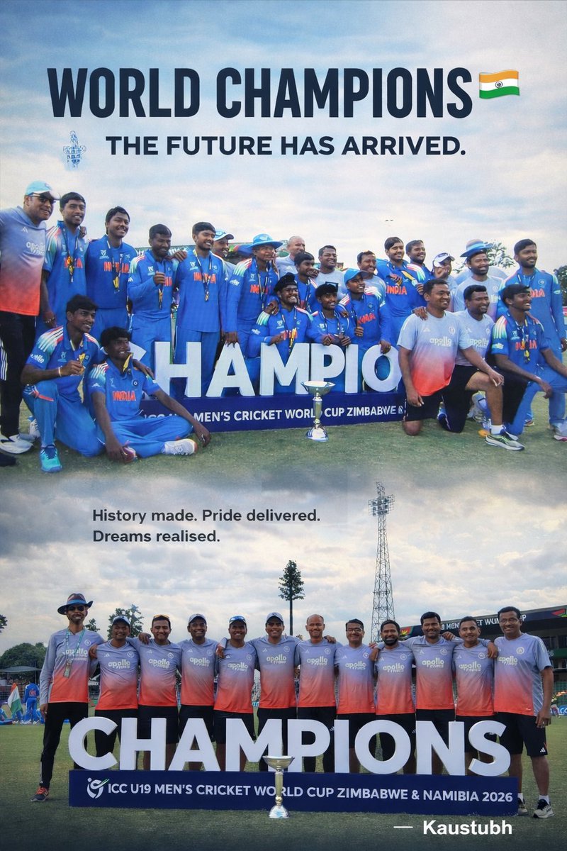 WORLD CHAMPIONS 🇮🇳🏆

History made. Pride delivered.
The India Under-19 Cricket Team lift the ICC U19 Men’s Cricket World Cup 2026 with fearless cricket, calm minds, and hearts full of belief.