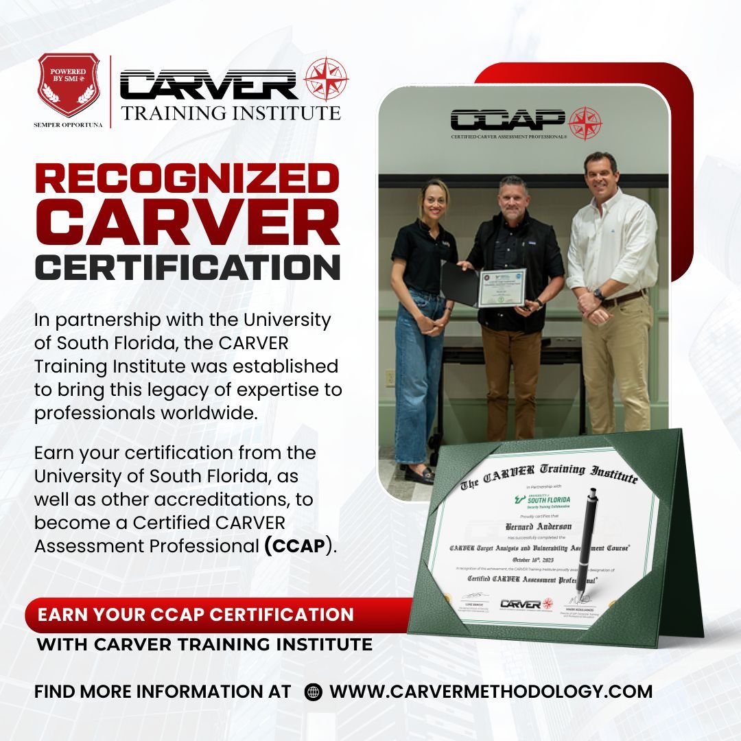 Earn your Certified CARVER Assessment Professional (CCAP) certification through the CARVER Training Institute in collaboration with the University of South Florida. 
🔴Start your certification journey today: carvertraininginstitute.com 
#CARVERCertification #UniversityOfSouthFlorida