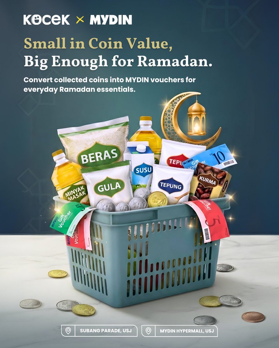 OfficialKocek's tweet photo. From coins to Ramadan essentials.

Coins collected over time can help with daily needs and shared moments with family. 

Convert your coins into MYDIN vouchers at Kocek and prepare for Ramadan with ease. 

#KOCEKMYDIN #Ramadan2026 #CoinToVoucher https://t.co/r5TjteHuku