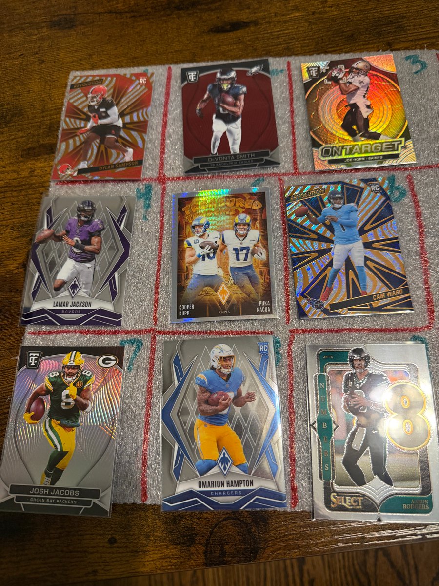 avillanueva3rd's tweet photo. LOT 1
#Cardstack Sale begins now! #cardstacks #thehobby #cardhobby #footballcards #panini
TOP: Dylan Sampson (RC), DeVonta Smith, Joe Horn
MIDDLE: Lamar Jackson, Cooper Kupp/Puka Nacua, Cam Ward (RC)
BOTTOM: Josh Jacobs, Omarion Hamption (RC), Aaron Rodgers https://t.co/lKXm4BUPpj