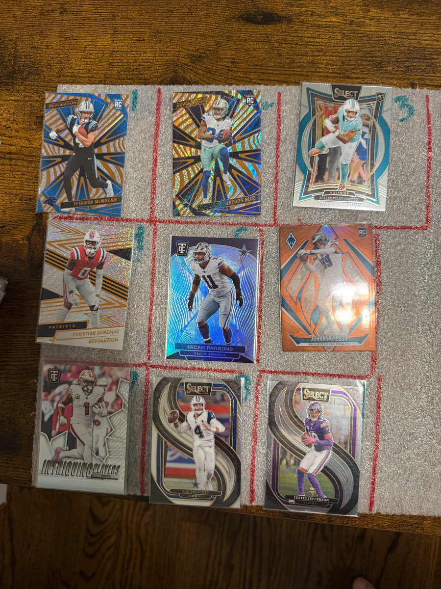 avillanueva3rd's tweet photo. LOT 2
#Cardstack Sale begins now! #cardstacks #thehobby #cardhobby #footballcards #panini
TOP: Tetairoa McMillan (RC), Jaydon Blue (RC), Malik Washington (RC)
MIDDLE: Christian Gonzalez, Micah Parsons, Johnny Wilson (RC)
BOTTOM: Deebo Samuels, Dak Prescott, Justin Jefferson https://t.co/CGRP9De8yI