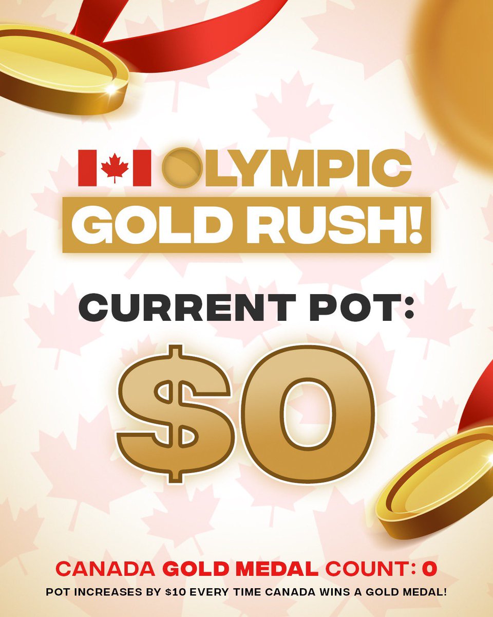 TEAM 🇨🇦 OLYMPIC GOLD RUSH GIVEAWAY! 🥇💰🥇

Every time 🇨🇦 wins gold, we’ll add $10 to the pot - At the conclusion of the Winter Games, we’ll pick a lucky bonus winner!

To enter: 

• Follow <a href="/BodogCA/">Bodog</a> 

• 🔁 and reply with how many Gold Medals you think 🇨🇦 will win by the end of