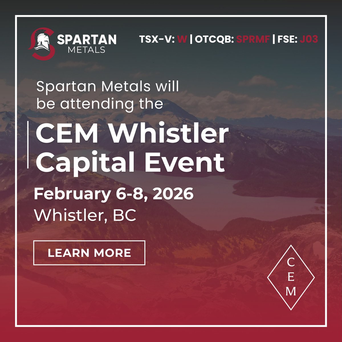 Spartan Metals will be attending the Whistler <a href="/CapitalEvent/">CEM</a> February 6-8

Learn more about CEM: cem.ca/conference/whi…

#Tungsten #CriticalMinerals #NevadaMining $W $W.v $SPRMF #J03