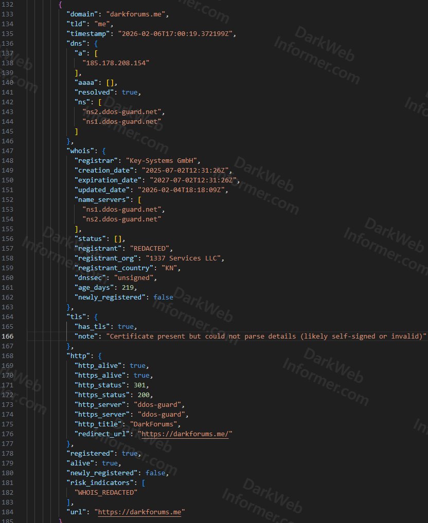 💥 Working on a new open source script that will be uploaded to GitHub sometime this month. It scans a base domain (example darkforums) across 224+ TLDs to find every registered variant.

For each hit it pulls DNS records, WHOIS registration data (registrar, creation date,