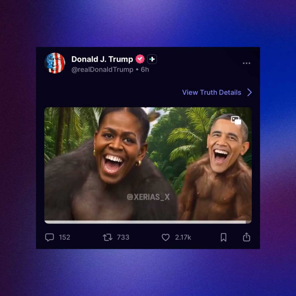 PopBase's tweet photo. The video has now been deleted from Donald Trump’s Truth Social account, a White House official says:
“A White House staffer erroneously made the post. It has been taken down.” https://t.co/42QAg8fZ8Q
