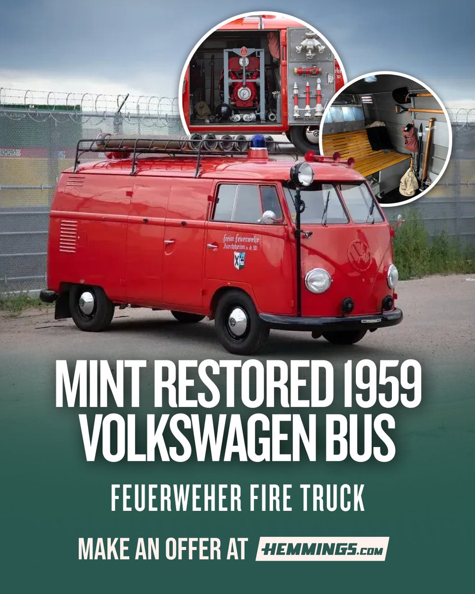 HemmingsNews's tweet photo. Authentic 1959 Volkswagen Feuerwehr Fire Bus finished in original SK688 Fire Red.

Make An Offer at https://t.co/uYwRzapdhY

#VolkswagenBus #VWBus #Feuerwehr #FireTruckVW #VintageVolkswagen #SplitWindow #ClassicVW https://t.co/pkOWO9GSSS