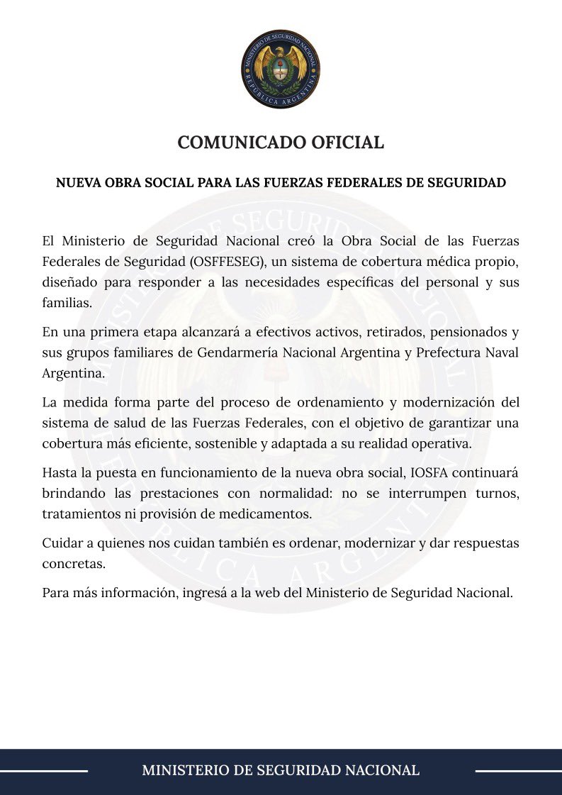 NUEVA OBRA SOCIAL PARA LAS FUERZAS FEDERALES

Creamos la Obra Social de las Fuerzas Federales de Seguridad (OSFFESEG) para garantizar una cobertura de salud adecuada, sostenible y adaptada a las necesidades del personal de GNA, PNA y sus familias, en actividad y retiro.

Más