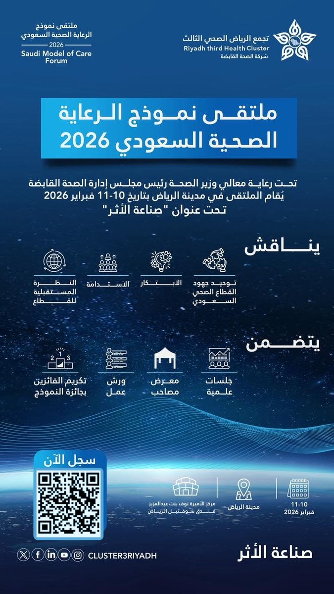 SW_Knowledge's tweet photo. تعلن #الصحة_القابضة عن:

🔻ملتقى الرعاية الصحية السعودي 2026

🔹مجاني - حضوري + 20 ساعة معتمدة CPD
🔹رفع جودة الخدمات، تحسين تجربة المستفيد
🔹دعم الابتكار والتحسين المستمر
🔹تحقيق مستهدفات رؤية 2030
🔹 تسجيل https://t.co/25fWpjoLTX
#الخدمة_الاجتماعية #علم_الاجتماع #علم_النفس https://t.co/Ql7Cv88O3Q