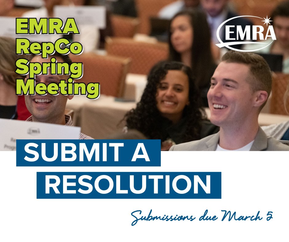 emresidents's tweet image. Want to change something in EM training or health care?

Author a resolution for the EMRA Rep Council and help set policy and direction for EMRA.

📝 Resolutions due March 5 at: emra.org/be-involved/be…

#AdvocacyInAction #EM #RepCo