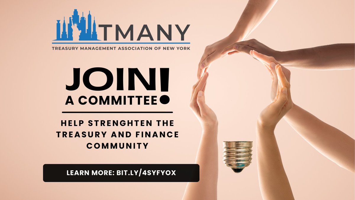 TMANY committees are open to active members. Join 1 of 4 committees, help shape programs, and earn 4 CTP credits for participation. 

Learn more: bit.ly/4syFYOx  | Email: tmany@tmany.org

 #TMANY #TreasuryandFinance #CTP
