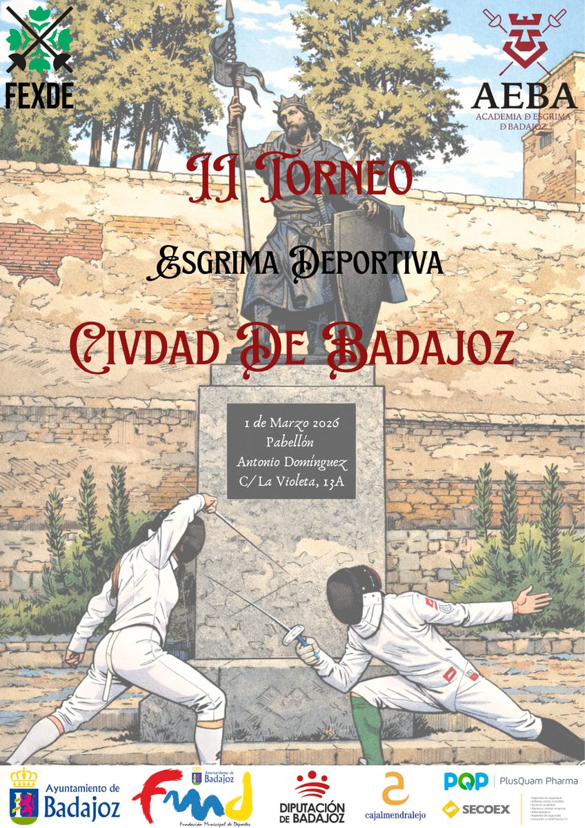 EsgrimaBadajoz's tweet photo. ¡Saludos tiradores🤺!   

¡Vamos a celebrar la 2ª edición del TORNEO CIVDAD DE BADAJOZ! 
📅La fecha del evento será el día 1 de Marzo. 
⚔️Se competirá en la modalidad de Espada.
Más información e inscripciones través del siguiente enlace:
https://t.co/koeQN4U7rm https://t.co/7cM0aToL3P