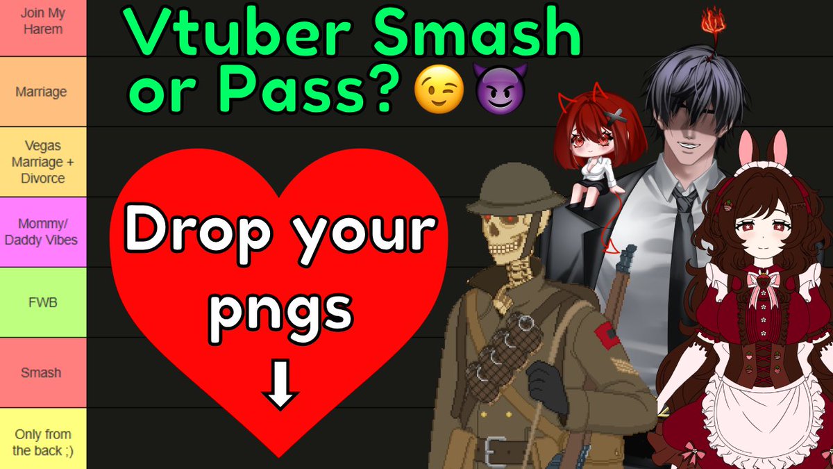 ShadyManX's tweet photo. Vtuber Smash or Pass! Happening February 14th! DROP YOUR PNGS AND NOBODY GET'S HURT! 🔫
#Vtubers #ENVtubers #VTuberUprising https://t.co/1EiCXd0c8o