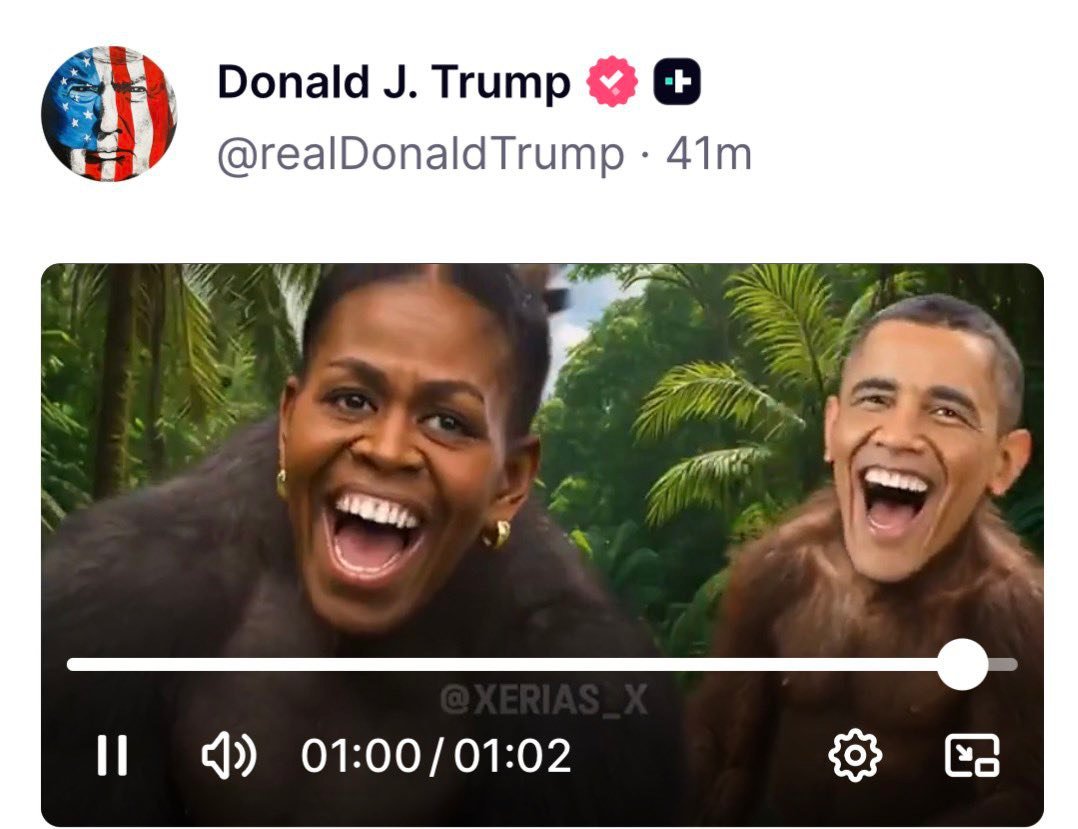 🚨 #ALERTA | Trump eliminó un video que mostraba a Barack y Michelle Obama como simios. Un funcionario de la Casa Blanca afirmó que “un empleado lo publicó por error”.