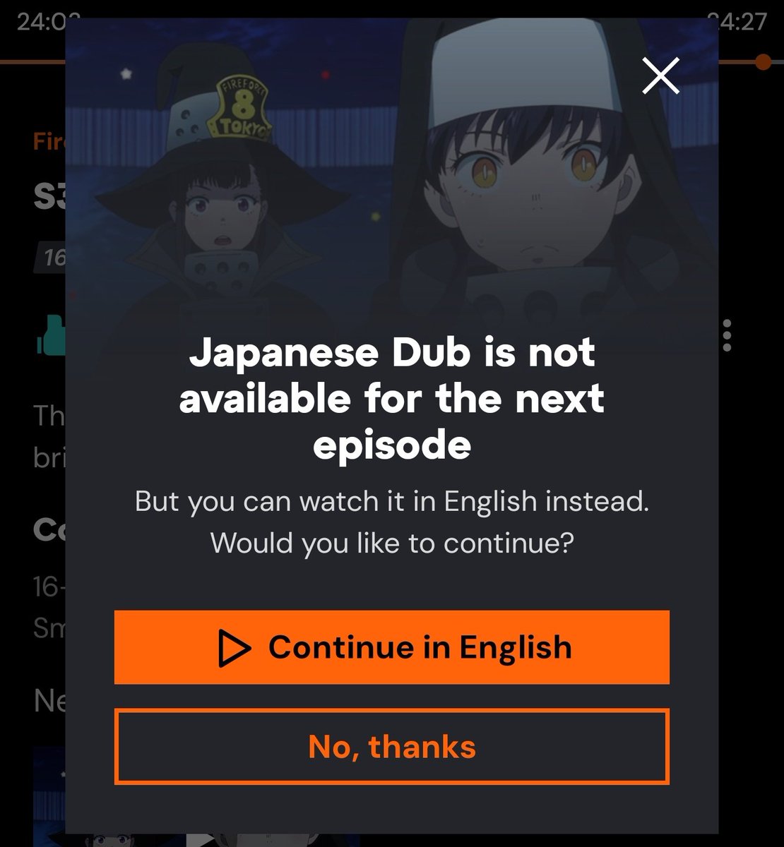 LIGHTNING691alt's tweet image. Crunchyroll what do you mean the next Fire Force episode isn't in Japanese 😭✌️