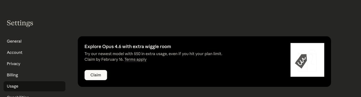 claim free 50$ of opus 4.6 model usage 

settings > usage and tap claim button

enjoy :)