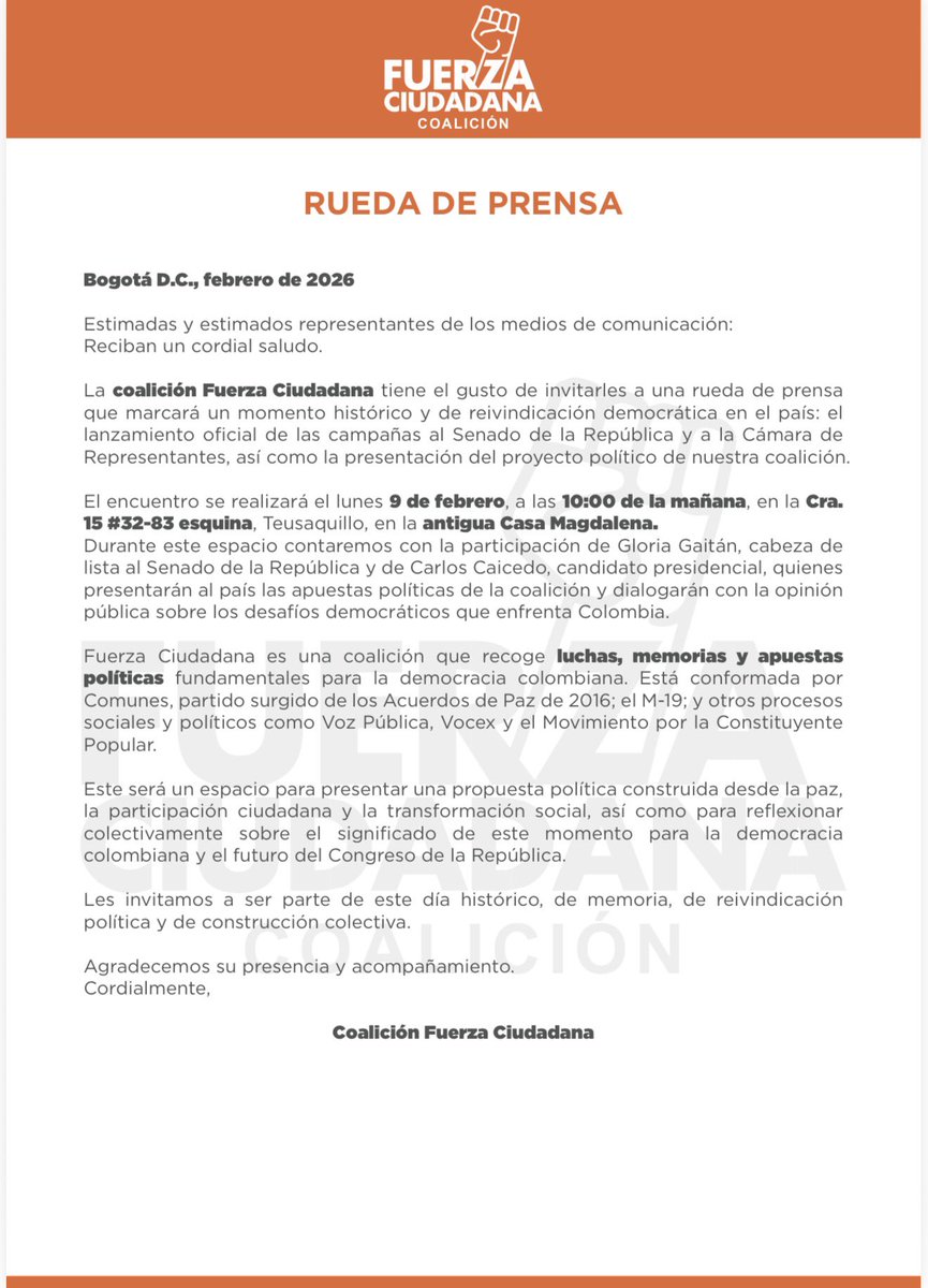 ¡URGENTE!

Invitamos a todos los medios de comunicación para que el próximo lunes 09 de febrero a las 10:00 AM nos acompañen a la rueda de prensa que daremos como coalición <a href="/fzciudadana/">FUERZA CIUDADANA</a>.

Estaremos junto a <a href="/carlosecaicedo/">Carlos Caicedo</a> y Gloria Gaitán explicándole al país las apuestas que