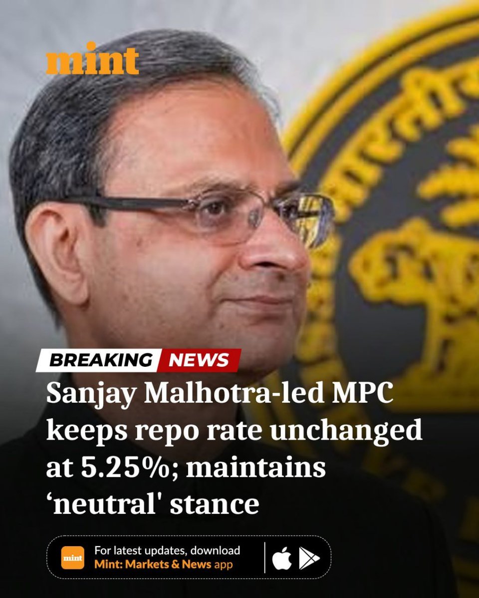 ashokmalik's tweet image. The #MonetaryPolicyCommittee has decided to keep the policy #repo_rate unchanged at 5.25%, and to maintain a neutral stance, says #RBI Governor #SanjayMalhotra.
livemint.com/economy/rbi-mp…