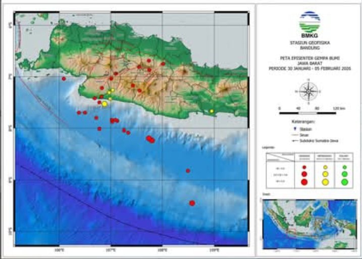 PostMKG's tweet photo. Aktivitas Gempabumi Wilayah JAWA BARAT &amp; Sekitarnya :: Periode tanggal 30 Januari - 05 Februari 2026 :: Tercatat sebanyak "32" gempa, di antaranya terdapat "2" gempa dirasakan.
===
Mas Annadwi 
Parameter Sumber : BMKG Stasiun Geofisika Bandung (LEM)
*** https://t.co/kSrVAOXCGn