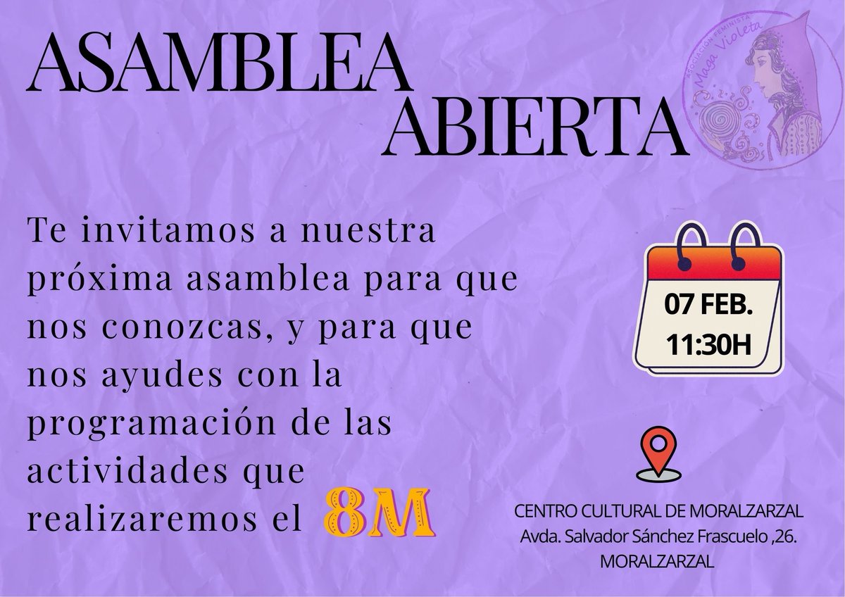 🔮 Mañana sábado 7 de febrero tenemos una cita con el feminismo en Moralzarzal.
Ayúdamos a preparar el 8M, ven a conocernos. 
Te esperamos en el Centro Cultural de Moralzarzal a las 11:30h.
