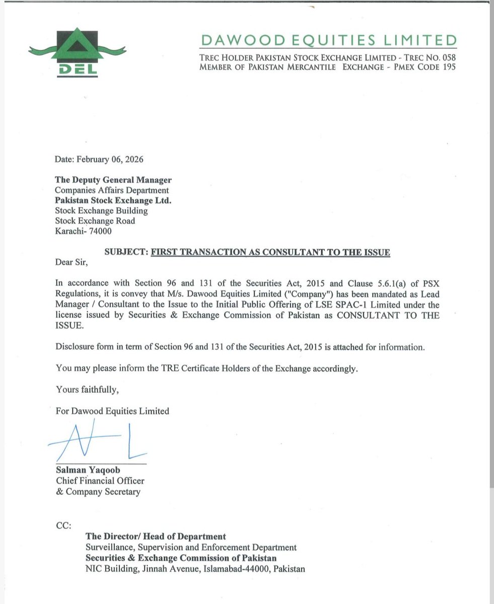 8486db22a8a7460's tweet image. Dawood Equities Ltd has disclosed material information to the Pakistan Stock Exchange regarding its appointment as Consultant to the Issue for LSE SPAC-1 Ltd.
Disclosure made in compliance with the Securities Act, 2015 and PSX Regulations.
#MaterialInformation #PSX