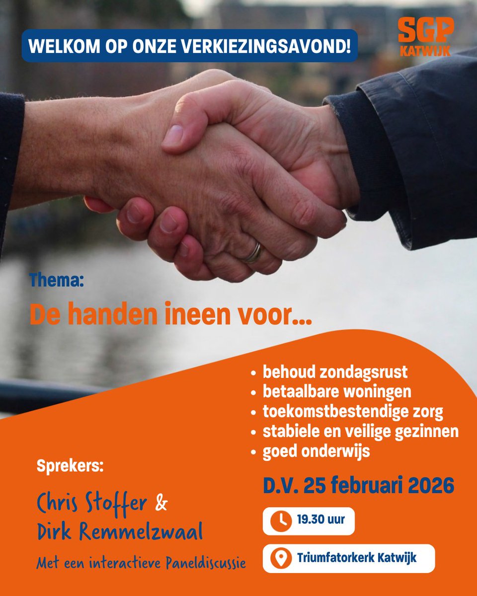 🤝 Gemeenteraadsverkiezingen: De handen ineen voor Katwijk
Wat betekent dat concreet voor wonen, zorg, onderwijs en gezinnen?
Tijdens onze verkiezingsavond gaan we hierover in gesprek. Met korte bijdragen, een interactieve paneldiscussie en ruimte om mee te denken.