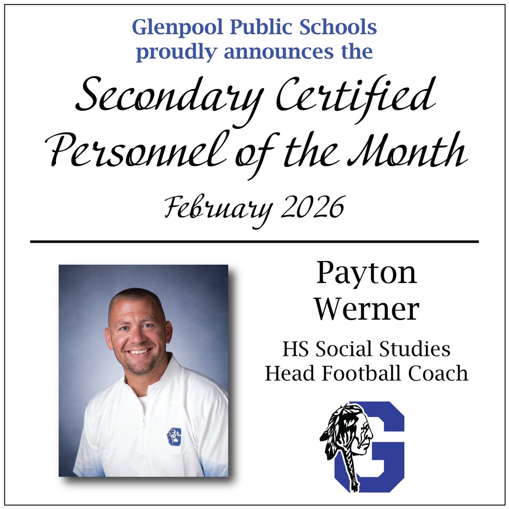 Congratulations to Payton Werner, our Secondary Teacher of the Month for February 2026.

Coach Werner teaches high school social studies and is our Head Football Coach.