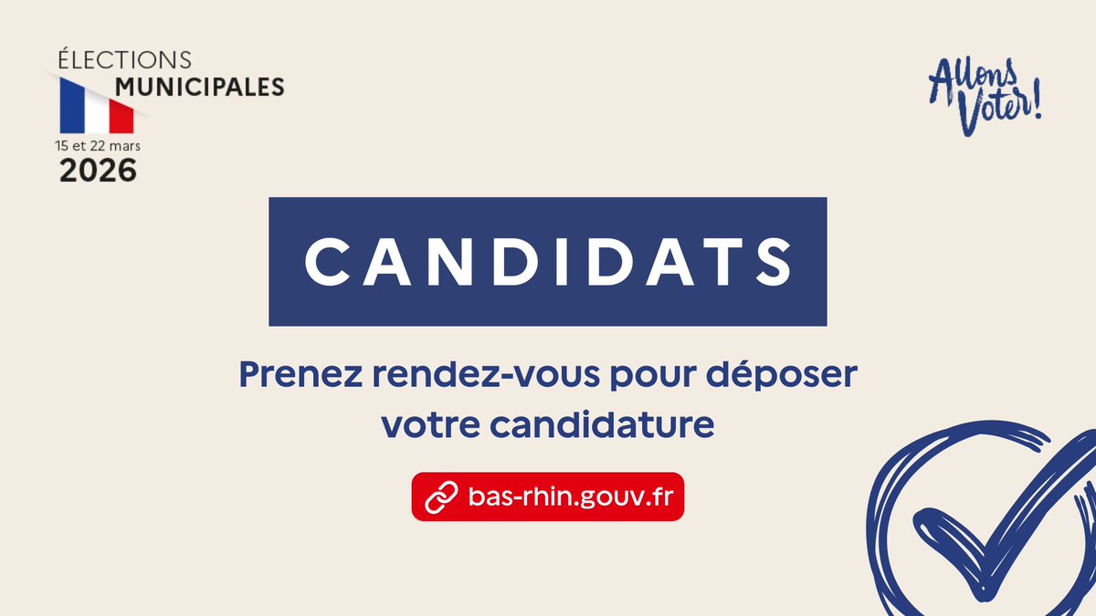 Image de Préfet de région Grand Est du Bas-Rhin - #Municipales2026 🗳️ I Vous souhaitez être candidat(e) dans le #BasRhin ?

✅ Pensez à prendre rendez