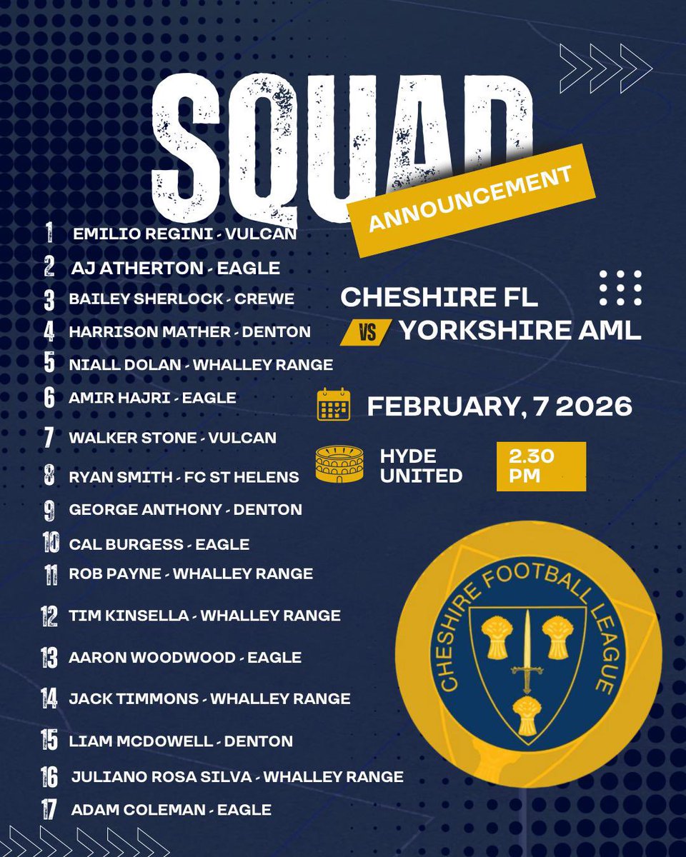 CheshireFL's tweet photo. 🏆Cheshire FL Inter League Squad🏆

Here is your squad for the game against the Yorkshire Amateur League https://t.co/8OXXVye0PT
