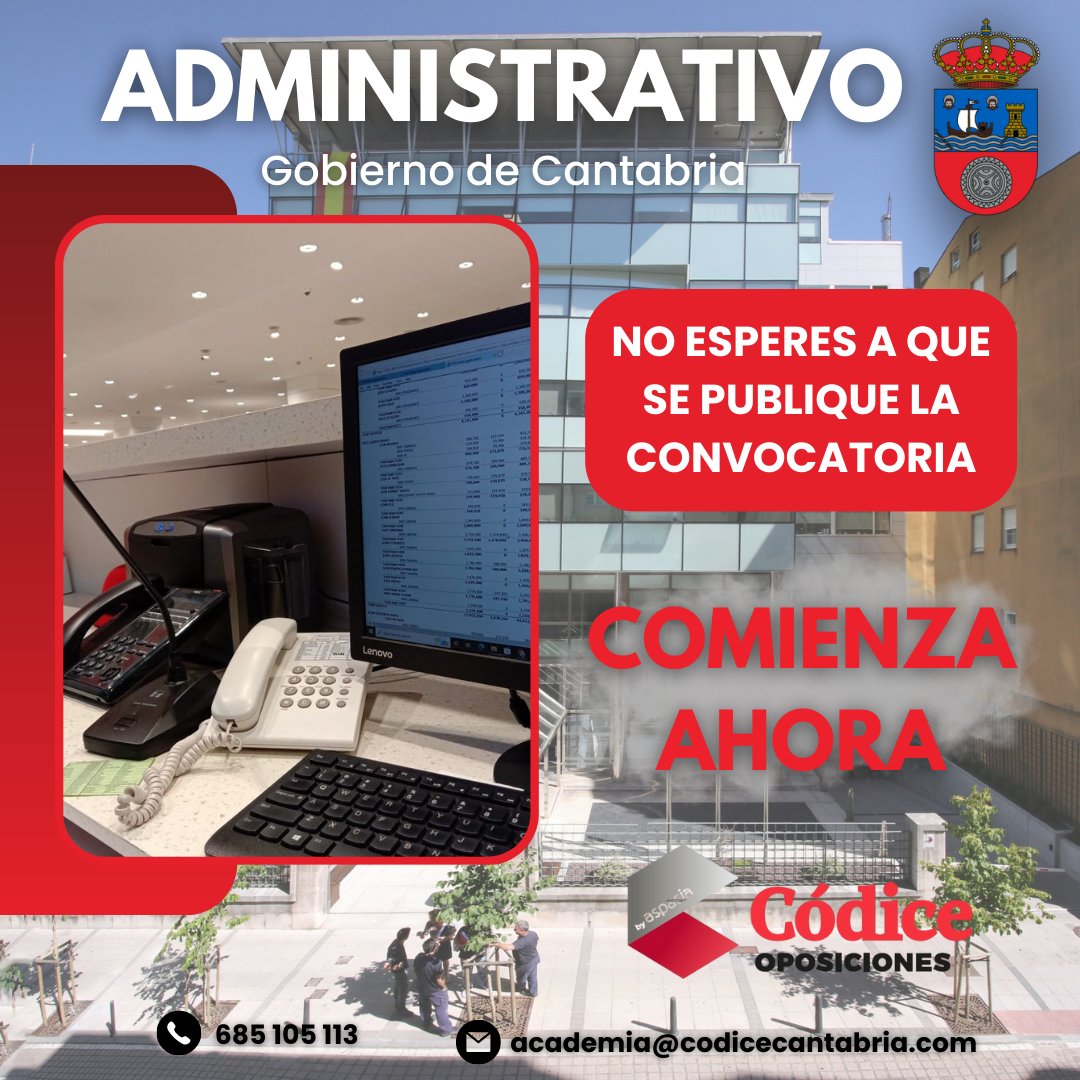 📢💥Empieza ya a prepararte las #oposiciones de #Administrativo del Gobierno de #Cantabria en la academia con mejores resultados de la región 👌

⏳ Esperar a que salga la convocatoria puede ser demasiado tarde para empezar

➕ ¡Prueba una clase gratis! 👇
📲 685 105 113