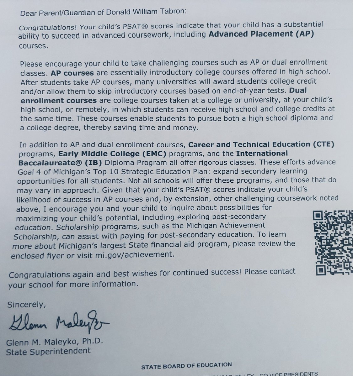 donaldtabronII's tweet photo. Received this letter from the State of Michigan Dept. of Education Superintendent.  My PSAT score was so high that the State is recommending me for AP or Dual enrollment in college coursework as a sophomore.  Hard work pays off!   True Student Athlete, top performer in both!  #DonDotta🎯 #GreatDay #CTFB @Detroit_CTFB @CoachRush_CTFB @ArcStrokeQB @AllenTrieu @adamgorney @GregSmithRivals @GregBiggins @SWiltfong_ @BrandonHuffman @TomLoy247