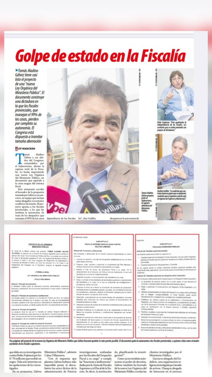 ensustrece's tweet photo. En #Hildebrandt @ensustrece: GOLPE DE ESTADO EN LA FISCALÍA por @eloymarchan. Tomás Aladino Gálvez tiene casi listo el proyecto de una “nueva Ley Orgánica del Ministerio Público”. El documento construye una dictadura en la que los fiscales provinciales, que manejan el 99% de los casos, pierden por completo su autonomía. El Congreso está dispuesto a tramitar tamaña aberración. El reportaje en https://t.co/Yd2EU1qlZG.