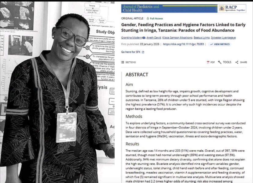 humangeneticstz's tweet photo. 🎉 Congratulations to Ms. Grantina Modern

We proudly celebrate Ms. Grantina Modern, Member of the THGO Executive Committee and Deputy General Secretary, for her outstanding research published with EPFL on child stunting in Iringa, Tanzania.
Read more 👉🏽 https://t.co/rHiRKoLB9P

Her work sheds light on critical factors beyond food availability, highlighting the importance of breastfeeding, WaSH practices, and integrated health strategies in improving child nutrition outcomes.
This is a remarkable contribution to child health research and policy in Africa.

#THGO #Humangeneticstz  #WomenInScience #100PhDsforAfrica #NutritionResearch